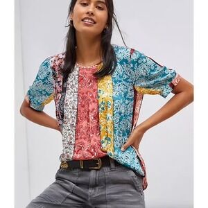 Daniel Rainn Patchwork Floral Print Blouse Anthropologie Women's M Swing beaded